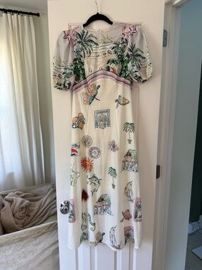 Tropical Print Midi Dress with Puff Sleeves